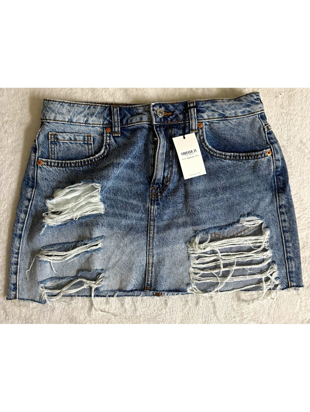 FOREVER 21 Blue Denim Distressed Mini Skirt Pockets Button Closure Size 30 NWT